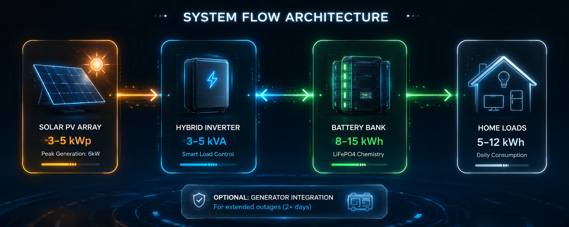 System flow architecture diagram showing energy flowing from a 3-5 kWp Solar PV Array to a 3-5 kVA Hybrid Inverter, into an 8-15 kWh LiFePO4 Battery Bank, and out to 5-12 kWh of Home Loads, with optional generator integration for extended outages.